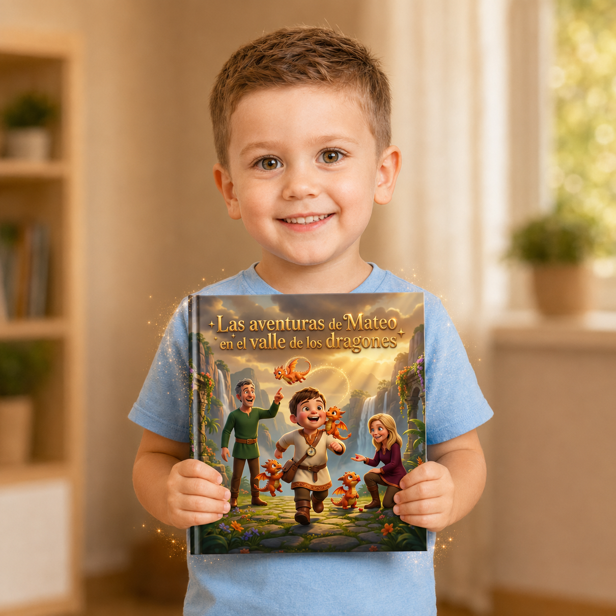 Niño sonriente sosteniendo su cuento personalizado de Tiny Tales